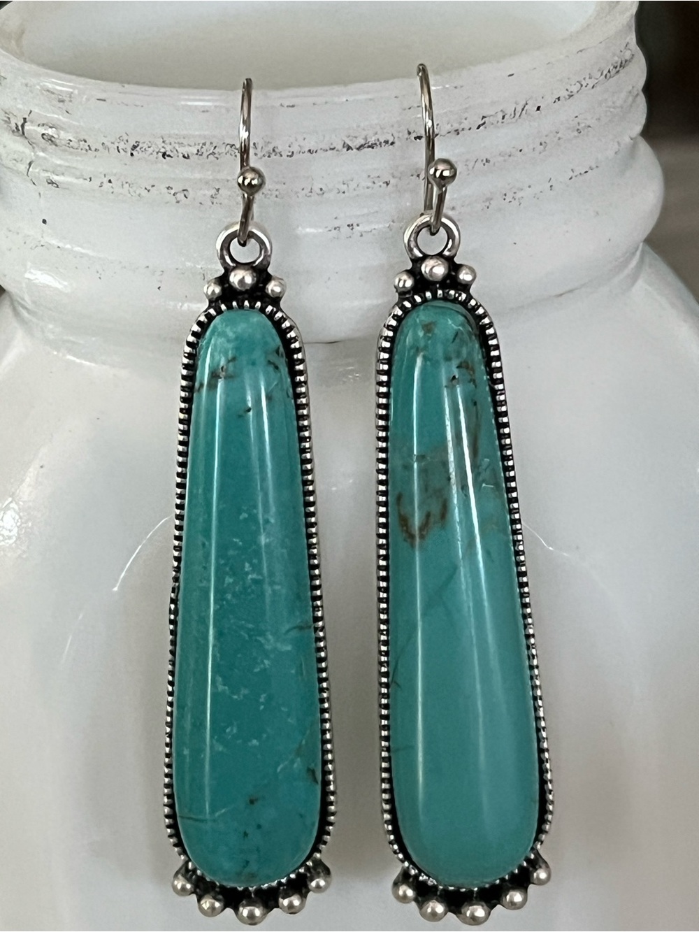 Chic Faux Turquoise Drop Earrings, 2" Length – Silver-Tone Setting